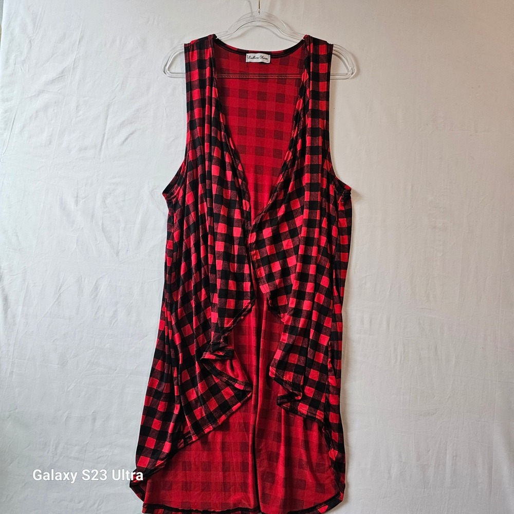 Southern Charm Red Black Buffalo Plaid Asymmetrical Hem Vest Womens One size
